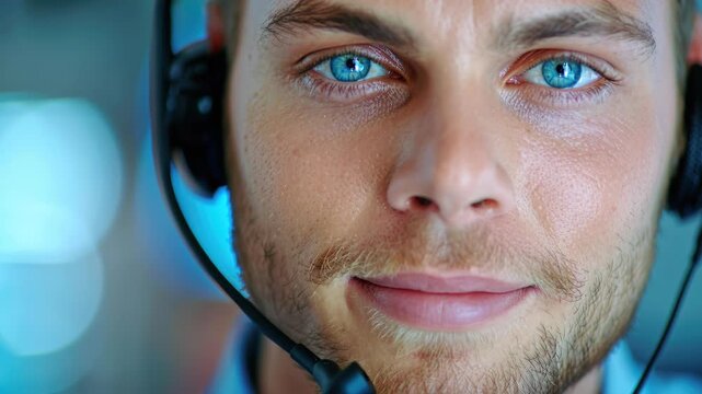 The Confident Communicator: A close-up portrait of a customer service representative, showcasing his engaging eyes and ready smile as he provides support.