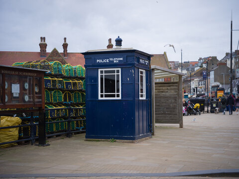 Scarborough, North Yorkshire, England, United Kingdom, 1st April 2026,  Old tardis style police telephone box
