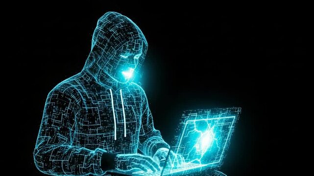 Digital Hacker Depicted In Hoodie Is Typing On Glowing Laptop With Electrical Effects The Background Is Solid Black Emphasizing The Technology Good For Cybersecurity Concepts