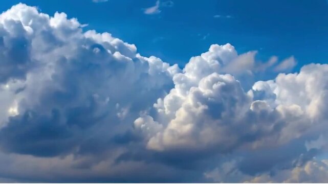 Fluffy white clouds float across a clear blue sky background in 4K