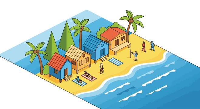 Beach houses with people relaxing outside.