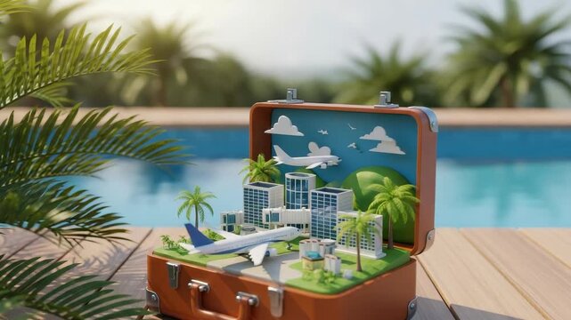 Miniature Airport Scene With Airplanes Buildings Palm Trees Is Displayed Inside Open Suitcase On Wooden Deck Next To Swimming Pool Travel Vacation