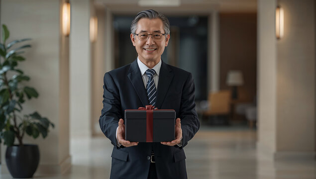 贈答箱を差し出す日本人ビジネスマンの丁寧な接客シーン