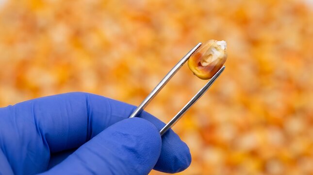 A gloved hand holds a single corn kernel with tweezers with a blurred background of many more corn kernels maize grain food agriculture farming harvest organic natural healthy