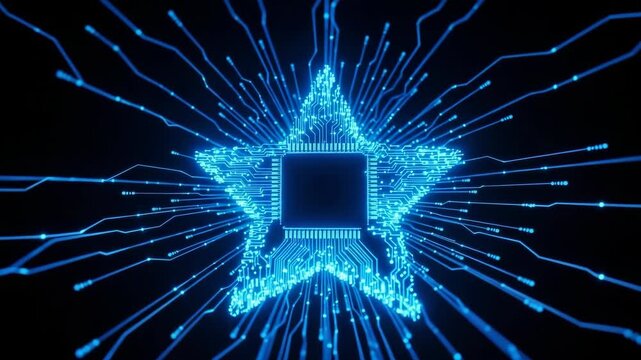 Glowing Star Shaped Circuit Board With Radiating Pathways Against Black Background Represents Technological Advancement Data Flow For Tech Design Visuals