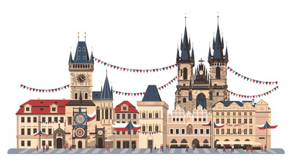Fototapeta premium Illustration of a European city skyline with historic buildings, towers, and festive string lights against a white background.