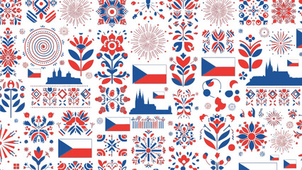 Obraz premium Vibrant seamless pattern featuring red, white, and blue icons, shapes, and floral motifs on a clean white background with a patriotic color scheme.