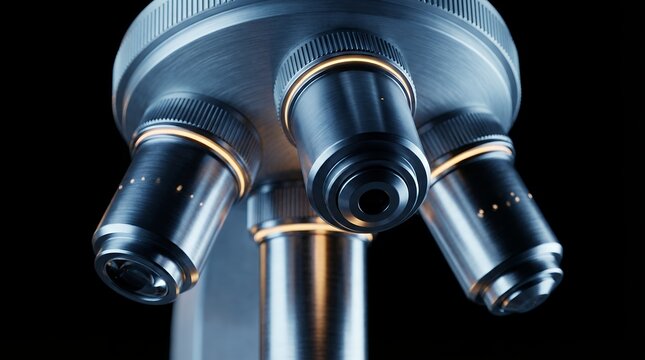 Close up of a modern metallic microscope objective lens turret with illuminated rings showcasing intricate detail and precision engineering for scientific exploration laboratory