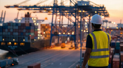 Fototapeta premium Port worker in safety vest and hard hat overlooking a busy container terminal with large ship and cranes at dusk
