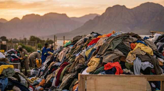 Workers sort through a massive pile of discarded clothes at a textile recycling facility, with mountains under a warm sky in the background