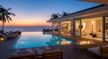 Fototapeta premium Luxury Villa with Ocean View at Sunset - A Tropical Paradise.