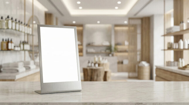 Blank white display stand mockup on a marble counter in a blurred modern spa or beauty salon background