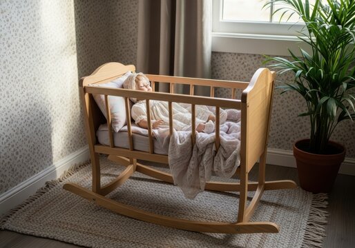 Wooden rocking cradle holds a baby doll inside a nursery room.