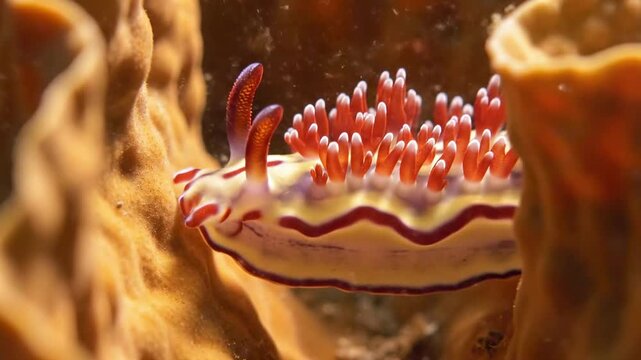 Red and cream nudibranch moving through a narrow sponge corridor, dramatic underwater macro with warm golden tones, suspended particles, and vivid marine textures in a hidden reef passage