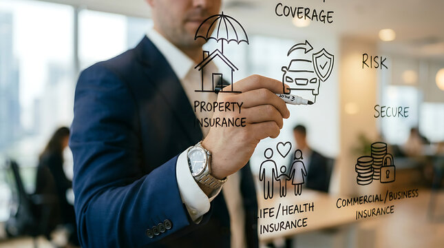 Businessman drawing insurance types on glass: property, car, life, business, risk, coverage
