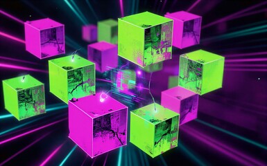 Fototapeta premium Neon cubes float in a vibrant digital space with glowing lines and