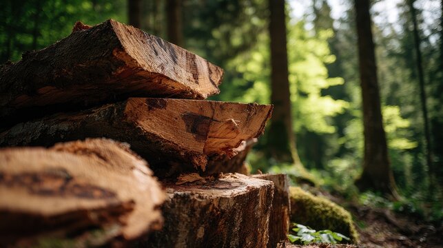 Rough-cut Timber Logs Stacked in a Forest
