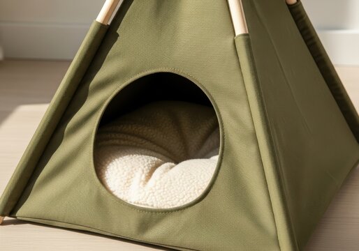 Green fabric tent bed sits on a light floor for a small pet.