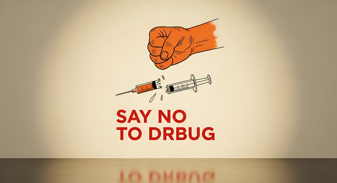 Fist crushing syringe with text say no to drugs, representing anti-drug campaign and addiction prevention, with spotlight effect