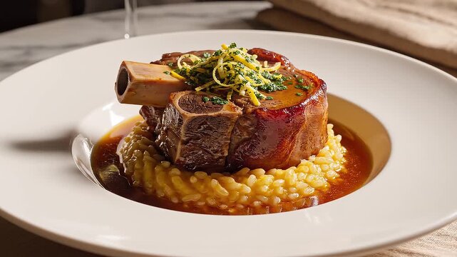 Braised veal Osso Buco with saffron risotto and gremolata in upscale restaurant setting on marble table
