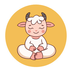 Fototapeta premium A cute, cartoon-style sheep in a meditative pose, set inside of an orange circle