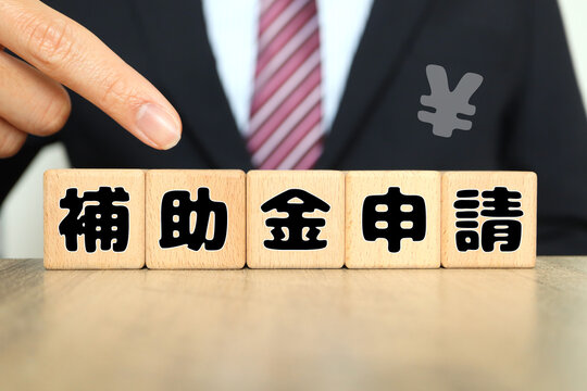 補助金申請と融資金銭制度・ビジネスマンとブロック文字