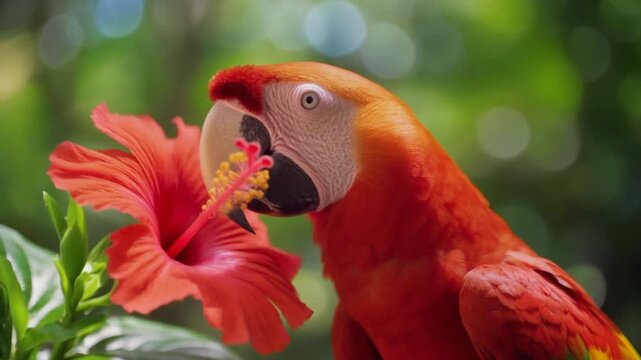 Vibrant red parrot with flower outdoors.