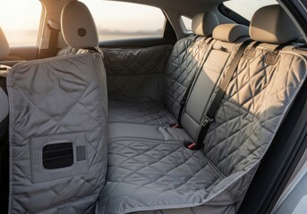 Fototapeta premium Protective quilted cover is installed on the backseat of a vehicle to keep it clean.