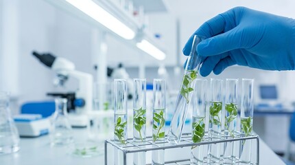 Fototapeta premium Researcher wearing blue gloves carefully places a test tube containing plant sprigs into a rack filled with similar samples within a bright laboratory science scientist experiment