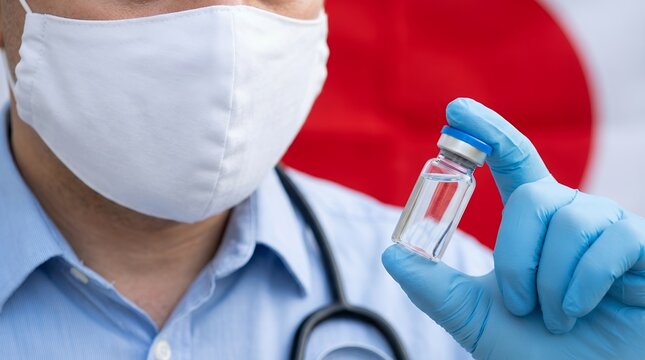 A person wearing a white face mask and blue medical gloves holds a vaccine vial with the Japanese flag in the background health healthcare medicine doctor syringe injection