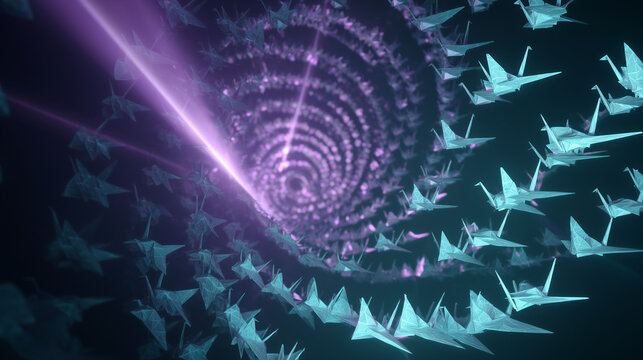 Thousand holographic origami cranes flying in a spiral formation through a futuristic dark void.