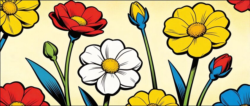 Vibrant comic book style flowers in red, yellow, white, and blue bloom