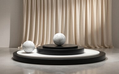 Naklejka premium Minimalist display of marble spheres on tiered black-white platform
