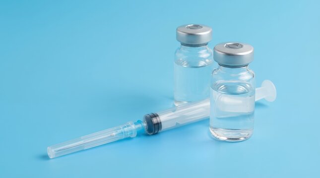 Two clear glass vaccine vials containing clear liquid sit beside a transparent medical syringe on a soft blue surface health medicine healthcare drug sterile cure hospital