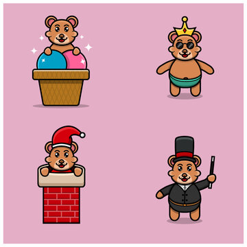 Set Of Cute Baby Bear Character With Various Poses. On Ice Cream, Chinmey, Wearing Crown, and Magician costume.