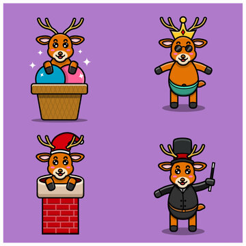 Set Of Cute Baby Deer Character With Various Poses. On Ice Cream, Chinmey, Wearing Crown, and Magician costume.