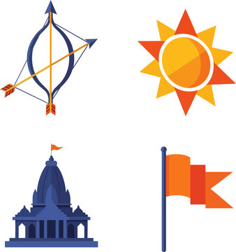 Hindu Religious Symbols Vector Set with Temple Bow Sun and Saffron Flag