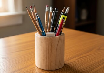 Obraz premium Wooden pencil holder filled with various writing instruments sits on a desk.