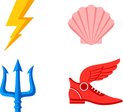 Greek Mythology Symbols Set with Lightning Bolt Trident and Winged Shoe