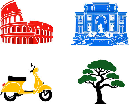 Rome Italy Travel Icons Set with Colosseum Trevi Fountain and Scooter