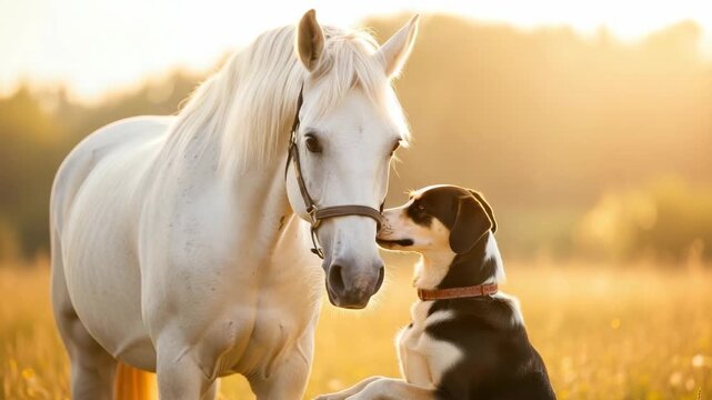White Horse Dog In Field During The Sunset The Dog Is Kissing The Horse The Background Is Blurred With Sunlight For Friendship Love Heartwarming Content