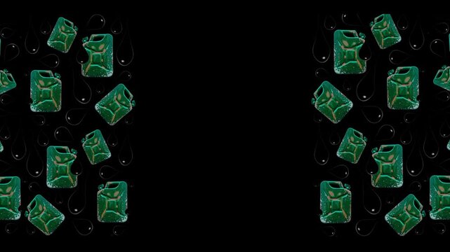fuel mockup with space for text.Liquid deformation of oil pattern.canisters and oil drops on a black background.