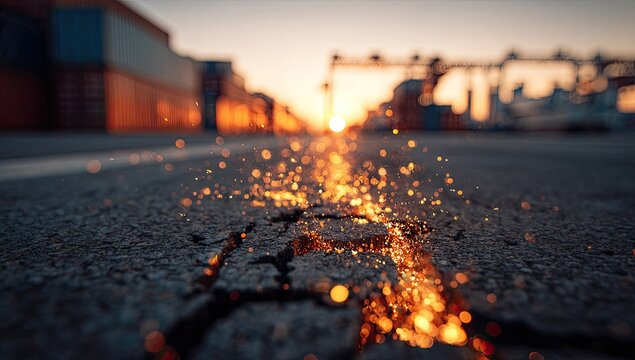 Cracked road with fiery sparks at sunset, leading to an industrial port background