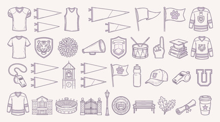 A comprehensive collection of hand-drawn icons representing college and university spirit, including sports apparel, academic symbols, and campus landmarks. © KN collection