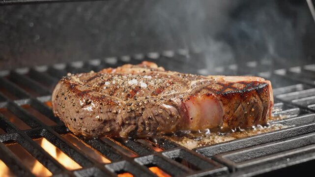 Beef steak searing on a hot barbecue grill with flames and smoke