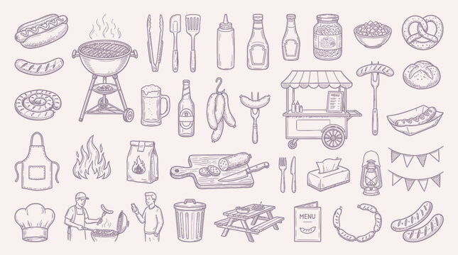 A comprehensive collection of hand-drawn illustrations depicting various elements associated with barbecuing and outdoor grilling.