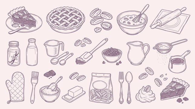 A charming hand-drawn illustration featuring a delightful assortment of baking ingredients, tools, and finished pies, presented in a whimsical, vintage style.