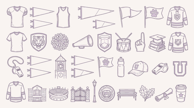 A comprehensive collection of hand-drawn icons representing college and university spirit, including sports apparel, academic symbols, and campus landmarks.