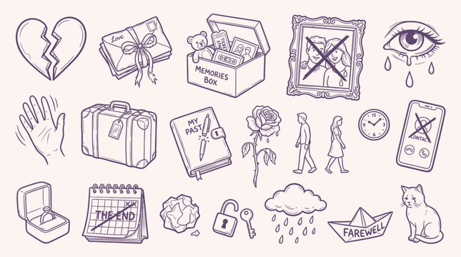 A collection of hand-drawn icons representing themes of heartbreak, loss, and moving on, including a broken heart, a packed suitcase, a memories box, and a farewell boat.