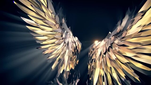 Illuminated symmetrical angel wings against a dark background, radiating light and hope